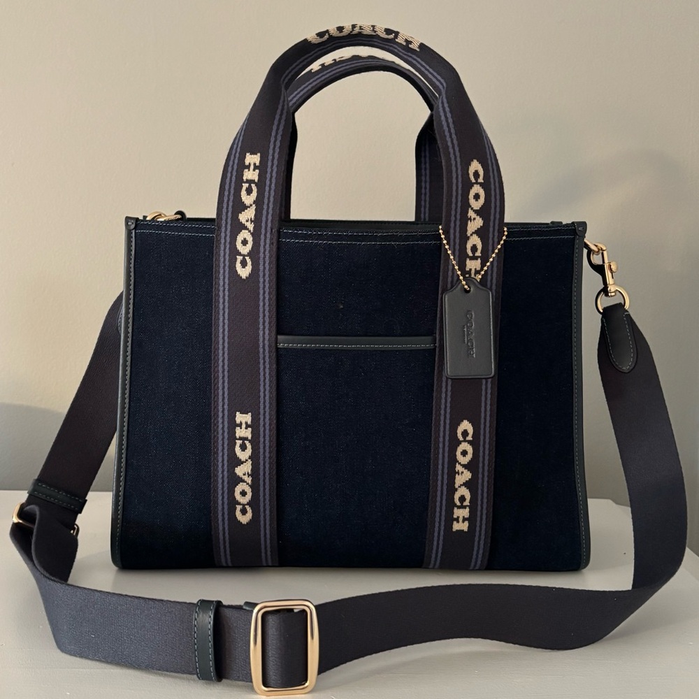 Coach Navy Blue Canvas Tote with Striped Handles - Picture 4 of 16